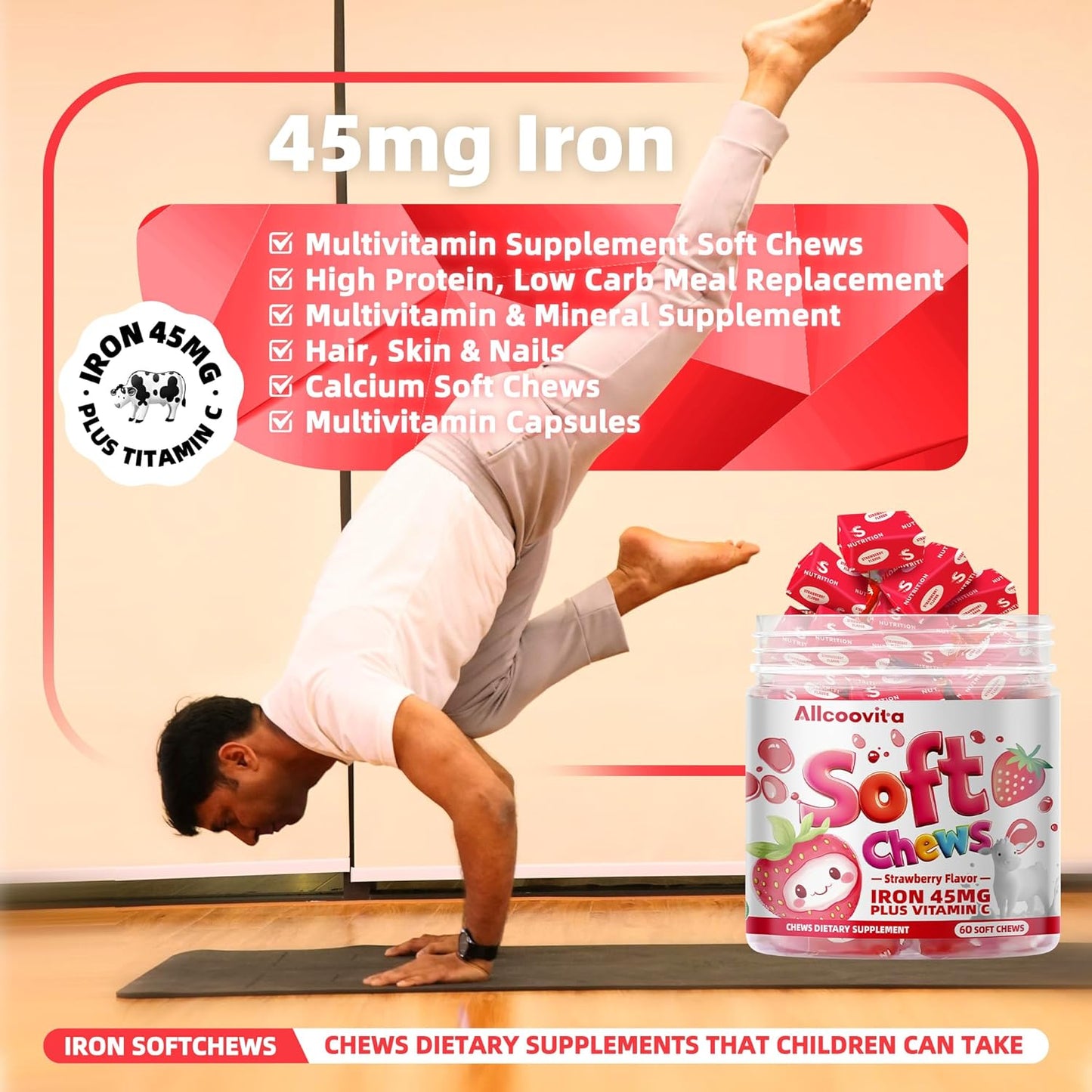 Strawberry Flavored Iron Soft Chew Supplement with Vitamin C | Gluten Free | 60 Count | 2 Month Supply for Women, Men, and Kids