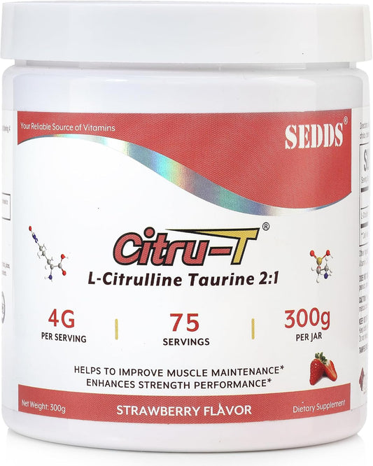 Strawberry-Flavored L-Citrulline Taurine Powder 2:1 Ratio, Vegan Pre-Workout Nutrition for Men and Women, 1lb Each Can