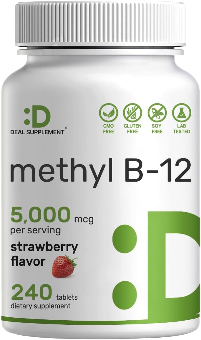 Strawberry Flavored Methyl B-12 Vitamins 5000 mcg Chewable Tablets for Energy & Brain Health - 240 Tablets - Vegetarian & GMO Free