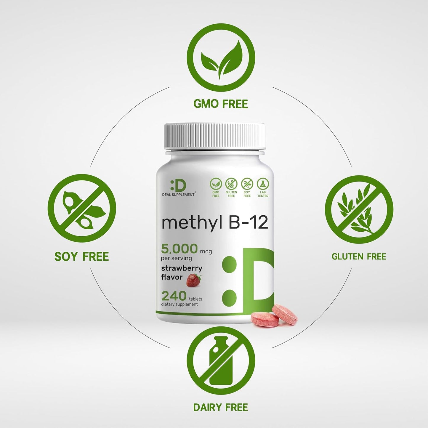 Strawberry Flavored Methyl B-12 Vitamins 5000 mcg Chewable Tablets for Energy & Brain Health - 240 Tablets - Vegetarian & GMO Free