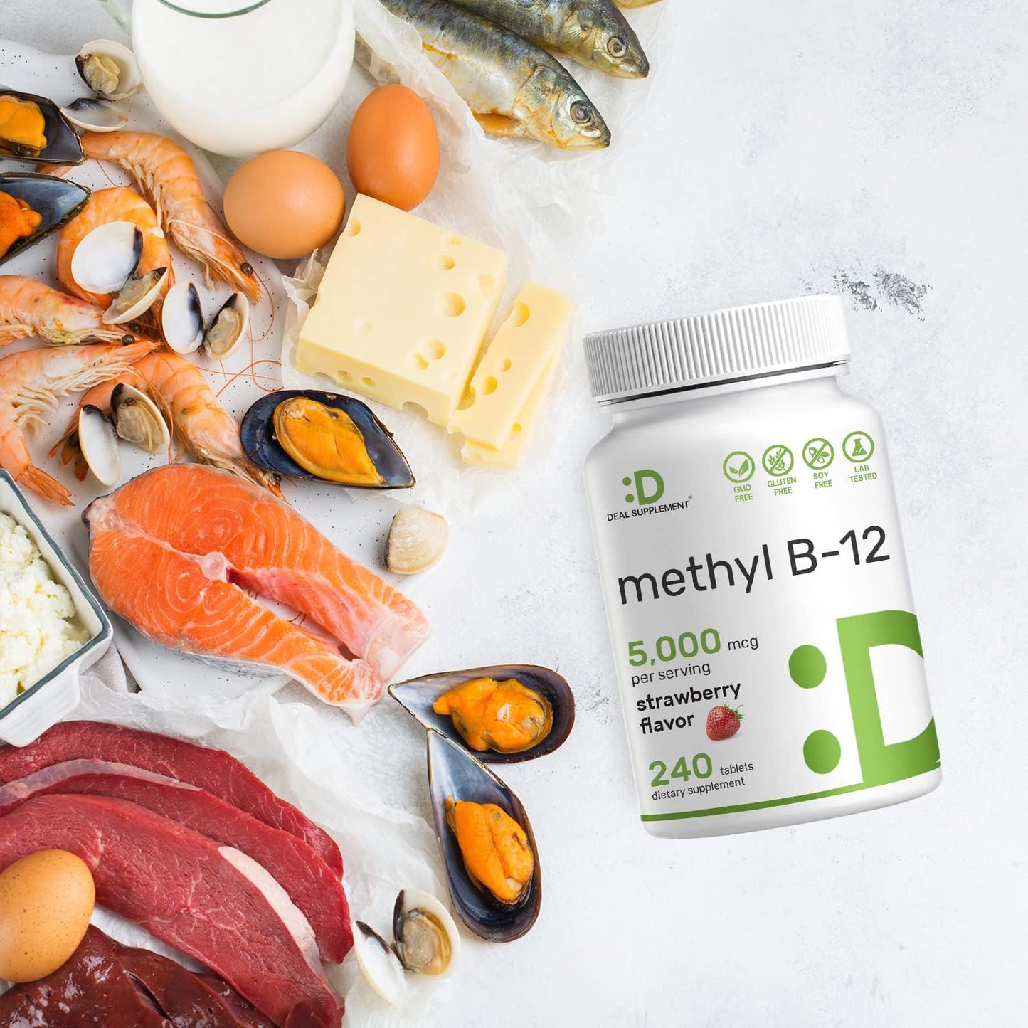 Strawberry Flavored Methyl B-12 Vitamins 5000 mcg Chewable Tablets for Energy & Brain Health - 240 Tablets - Vegetarian & GMO Free