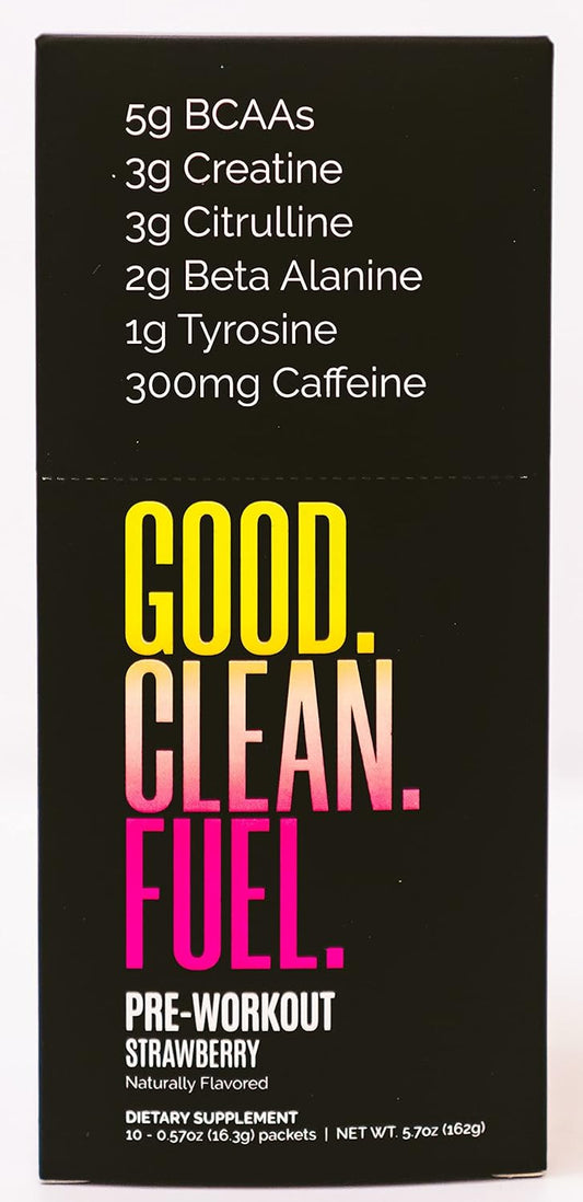 Strawberry Flavored Pre-Workout Fuel with Caffeine, BCAAs, Beta Alanine, Creatine, Tyrosine, Citrulline - 10 Stick Packs - No Sugar