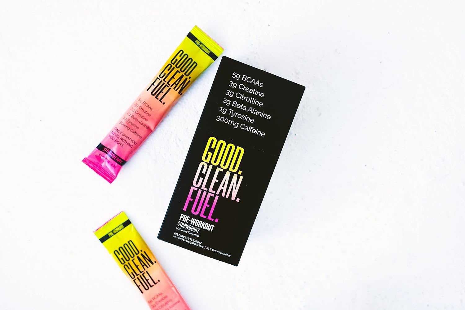 Strawberry Flavored Pre-Workout Fuel with Caffeine, BCAAs, Beta Alanine, Creatine, Tyrosine, Citrulline - 10 Stick Packs - No Sugar