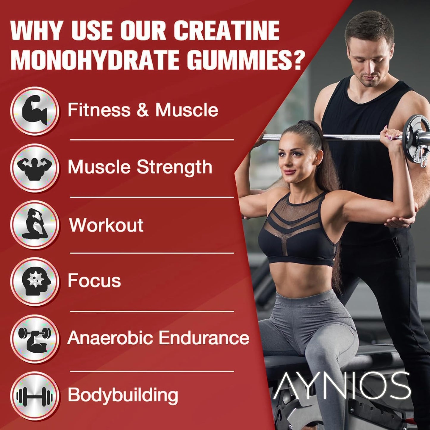 Strawberry Flavoured AYNIOS Creatine Monohydrate Gummy 5000mg - 90 Chewable Gummies for Strength and Muscle Building - Pre Workout Supplement for Energy - Men & Women's Gym Supplement