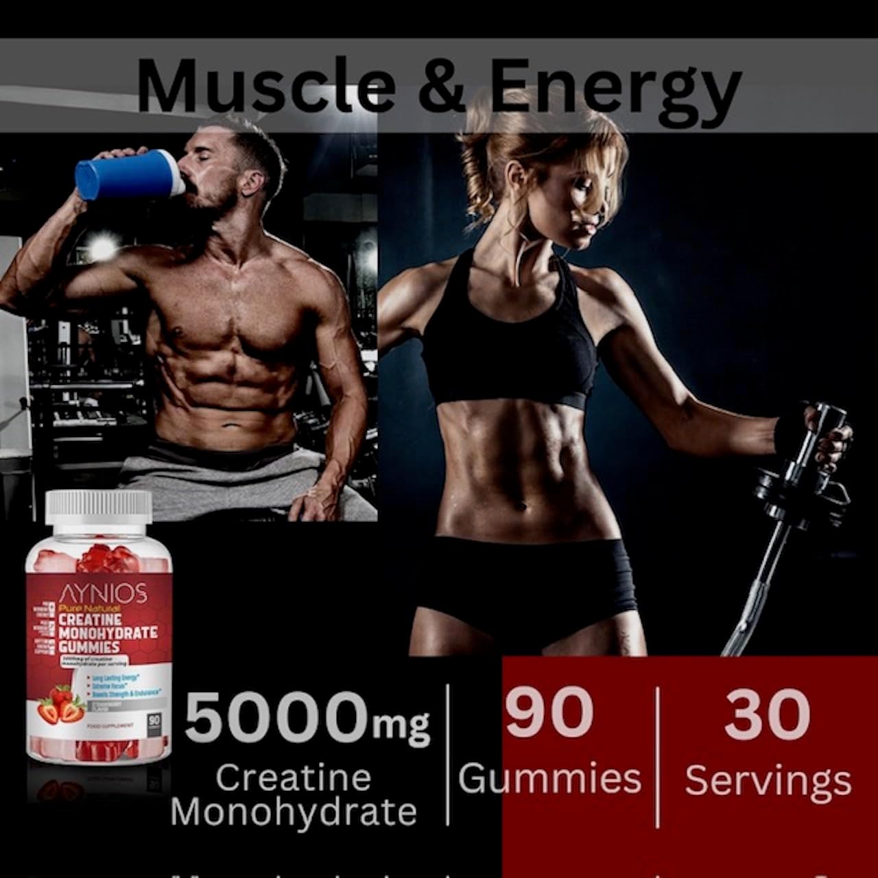 Strawberry Flavoured AYNIOS Creatine Monohydrate Gummy 5000mg - 90 Chewable Gummies for Strength and Muscle Building - Pre Workout Supplement for Energy - Men & Women's Gym Supplement