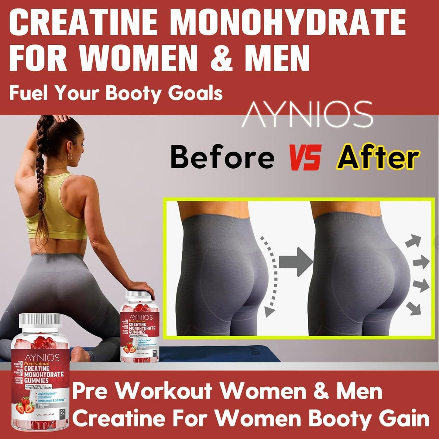 Strawberry Flavoured AYNIOS Creatine Monohydrate Gummy 5000mg - 90 Chewable Gummies for Strength and Muscle Building - Pre Workout Supplement for Energy - Men & Women's Gym Supplement