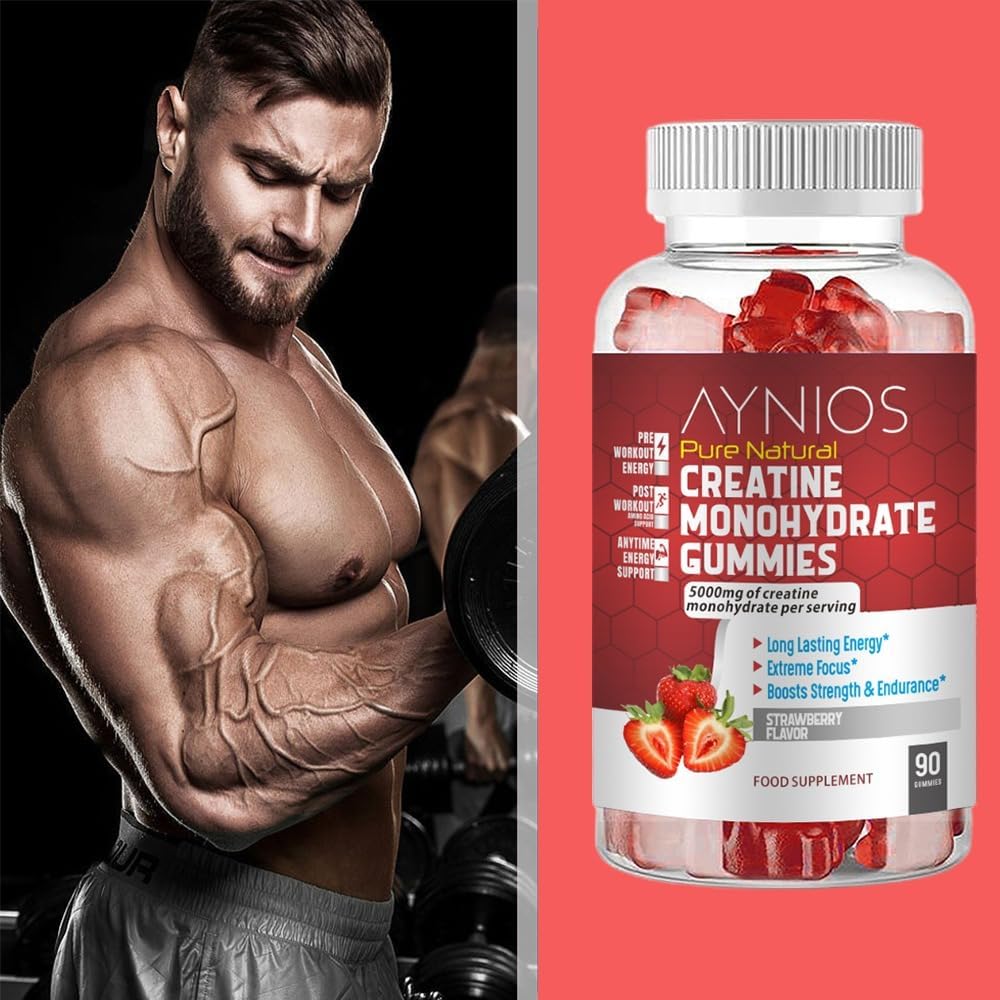 Strawberry Flavoured AYNIOS Creatine Monohydrate Gummy 5000mg - 90 Chewable Gummies for Strength and Muscle Building - Pre Workout Supplement for Energy - Men & Women's Gym Supplement