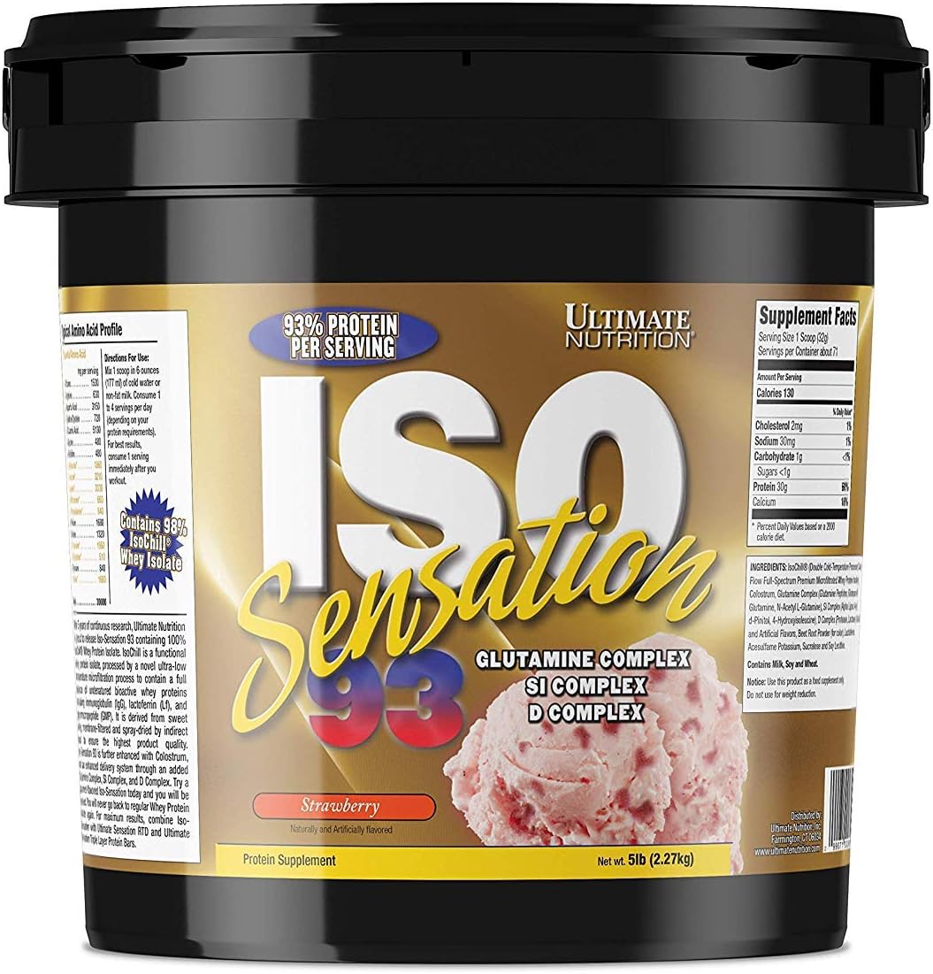 Strawberry Flavoured Whey Protein Isolate Powder with 30g Protein - Ultimate Nutrition Iso Sensation 93, Low Carb, Keto Friendly - 5lbs