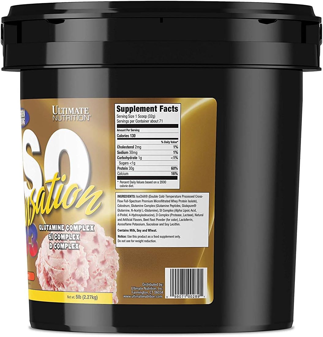 Strawberry Flavoured Whey Protein Isolate Powder with 30g Protein - Ultimate Nutrition Iso Sensation 93, Low Carb, Keto Friendly - 5lbs