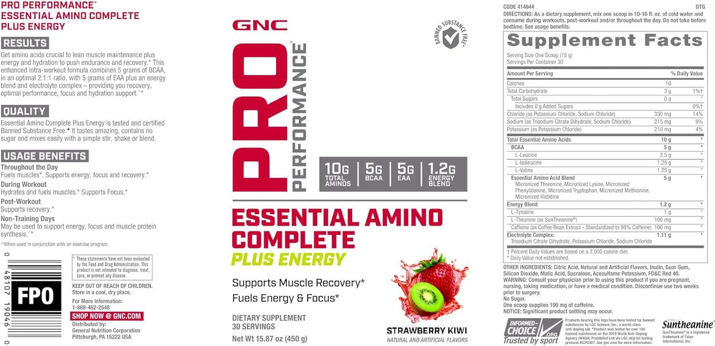 Strawberry Kiwi GNC Pro Performance Essential Amino Complete Plus Energy - 15.9 oz. for Muscle Recovery