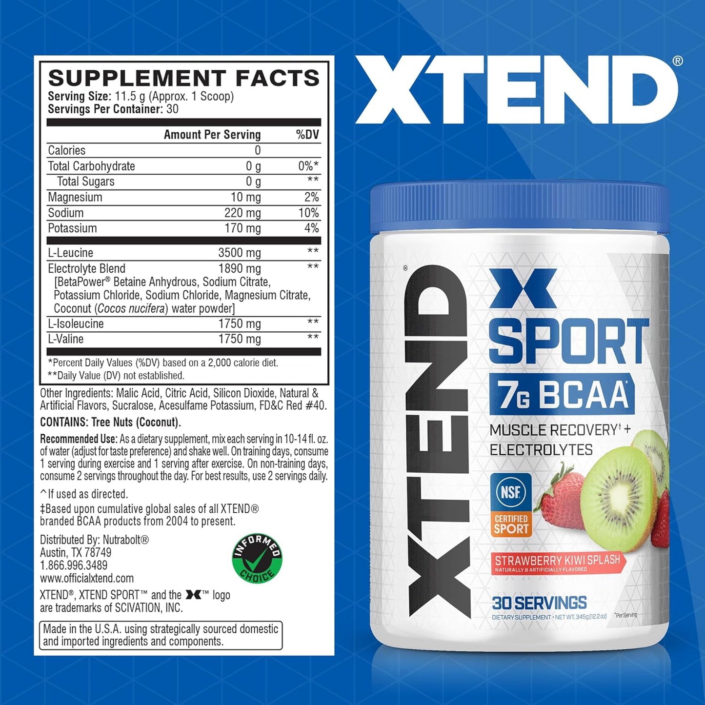 Strawberry Kiwi Splash BCAA Powder - Electrolyte & Amino Acid Recovery - 30 Servings