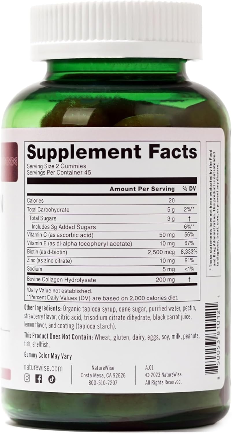 Strawberry Lemon Collagen Gummies for Women - Type 1 & 3 Peptides with Biotin, Vitamin C, E, & Zinc - Hair, Skin, Nails, and Joint Support - 90 Count