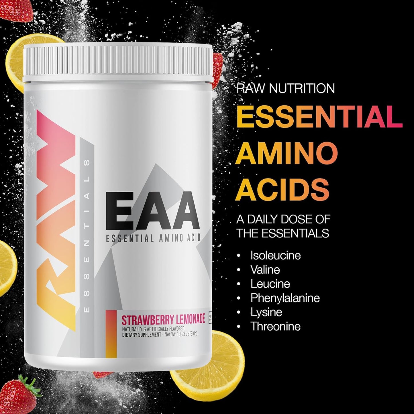 Strawberry Lemonade EAA Amino Acids Powder - Pre Workout Energy Supplement for Strength, Endurance, Recovery & Lean Muscle Growth - BCAA Supplement, 25 Servings