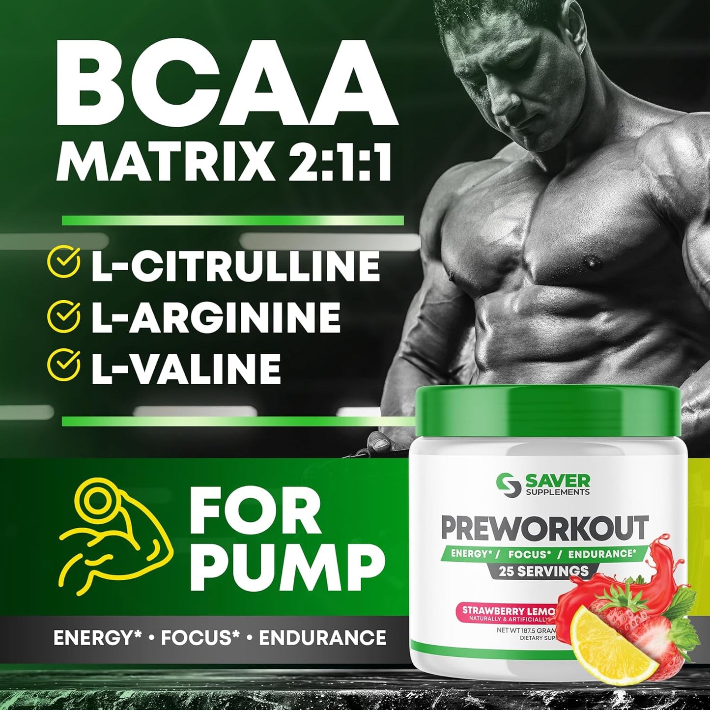 Strawberry Lemonade Pre-Workout Powder with Beta Alanine, Creatine, BCAA, Citrulline, Arginine, and Caffeine - 25 Servings