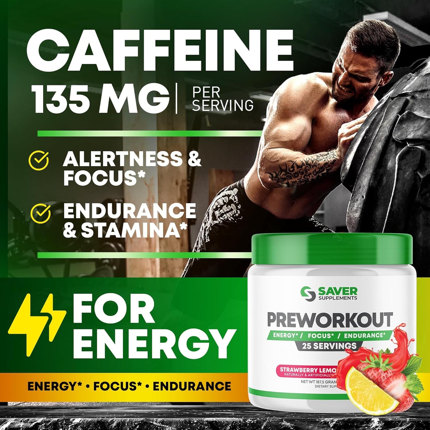 Strawberry Lemonade Pre-Workout Powder with Beta Alanine, Creatine, BCAA, Citrulline, Arginine, and Caffeine - 25 Servings