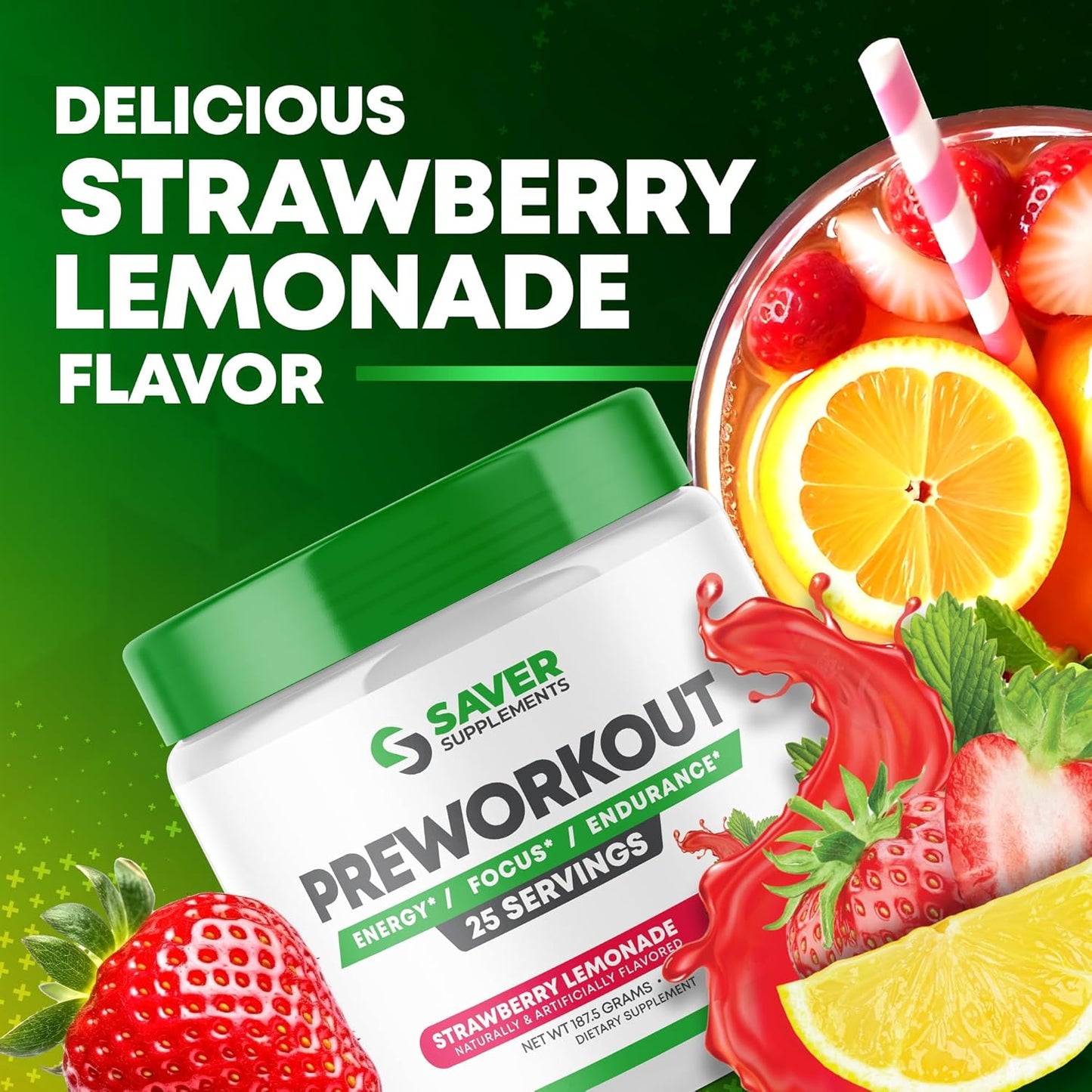 Strawberry Lemonade Pre-Workout Powder with Beta Alanine, Creatine, BCAA, Citrulline, Arginine, and Caffeine - 25 Servings