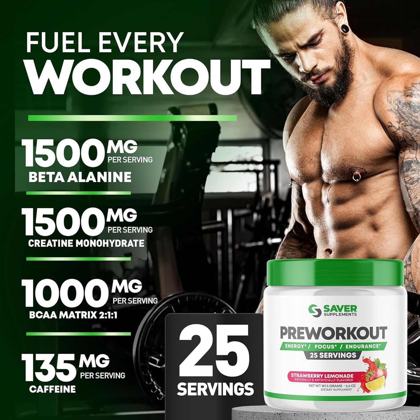 Strawberry Lemonade Pre-Workout Powder with Beta Alanine, Creatine, BCAA, Citrulline, Arginine, and Caffeine - 25 Servings