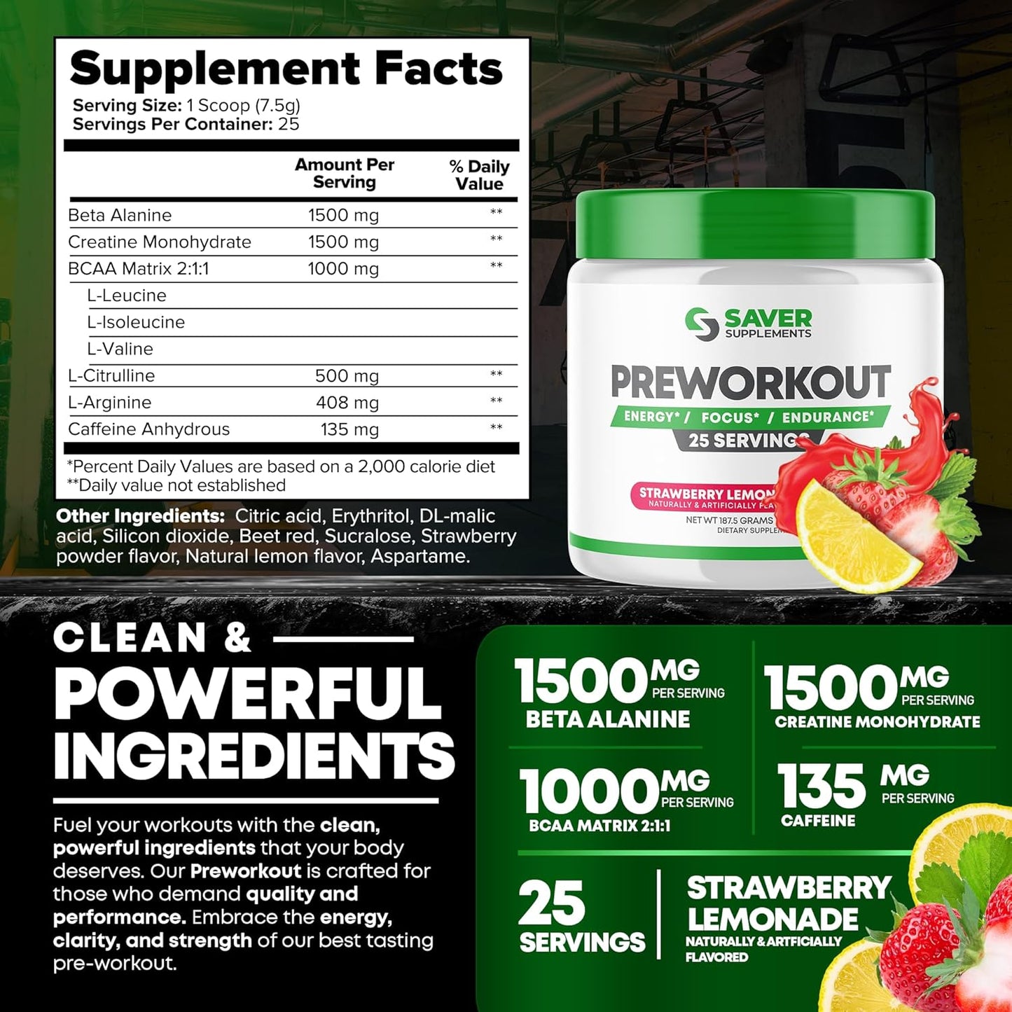 Strawberry Lemonade Pre-Workout Powder with Beta Alanine, Creatine, BCAA, Citrulline, Arginine, and Caffeine - 25 Servings