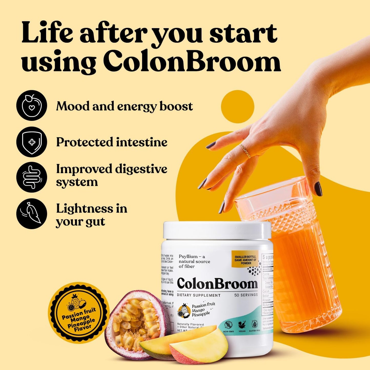 Strawberry & Tropical Fruits ColonBroom Psyllium Husk Powder - 100 Servings for Bloating Relief & Gut Health - Vegan, Non-GMO Fiber Supplement