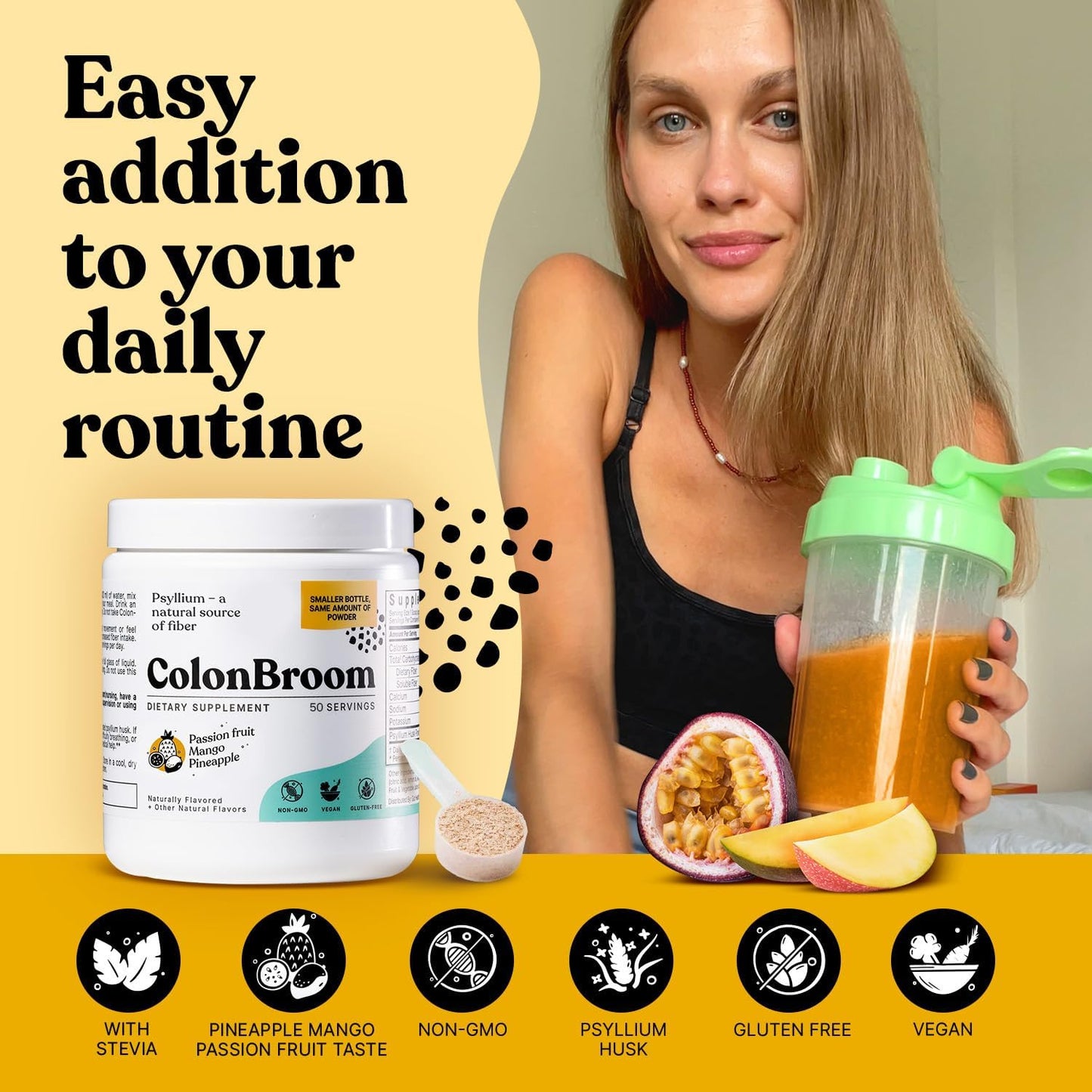 Strawberry & Tropical Fruits ColonBroom Psyllium Husk Powder - 100 Servings for Bloating Relief & Gut Health - Vegan, Non-GMO Fiber Supplement