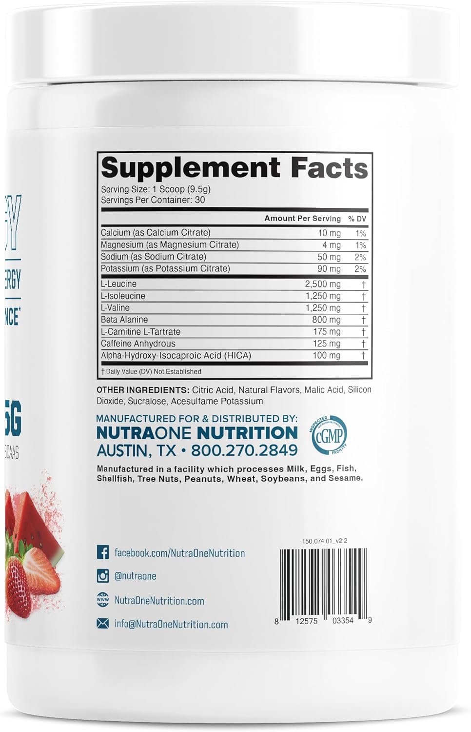 Strawberry Watermelon Amino Energy BCAA Powder Pre-Workout Supplement - 30 Servings