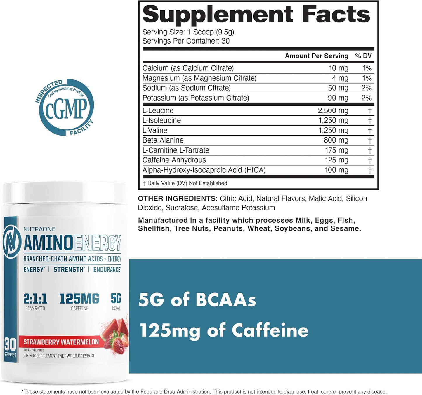 Strawberry Watermelon Amino Energy BCAA Powder Pre-Workout Supplement - 30 Servings