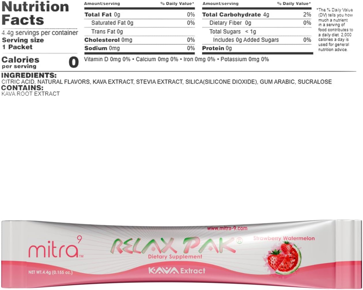 Strawberry Watermelon Kava Extract Powder Packets - Mitra9 Kava Powder RelaxPak | Mood Enhancer | Plant Based | Promotes Calm & Clarity | Single-Serving Stick (10)