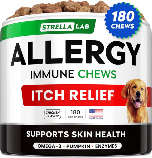 StrellaLab Dog Allergy Relief Chews with Omega 3: Skin & Coat Immune Support Supplement - 180 Ct Made in USA