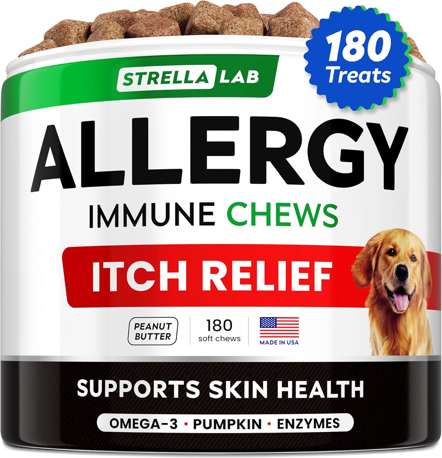 StrellaLab Omega 3 Dog Allergy Relief Chews: Real Ingredients, Real Taste - Skin & Coat Support - Made in USA