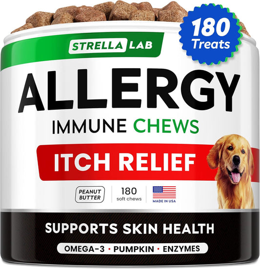 StrellaLab Omega 3 Dog Allergy Relief Chews: Real Ingredients, Real Taste - Skin & Coat Support - Made in USA