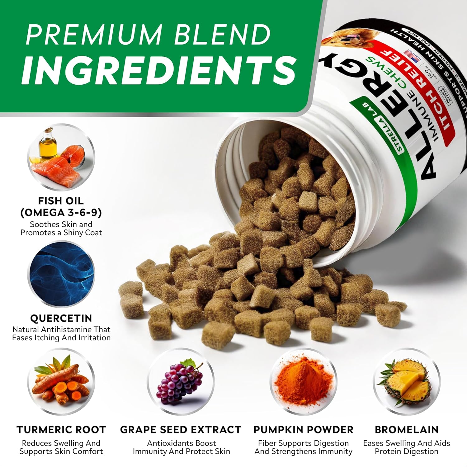 StrellaLab Omega 3 Dog Allergy Relief Chews: Real Ingredients, Real Taste - Skin & Coat Support - Made in USA