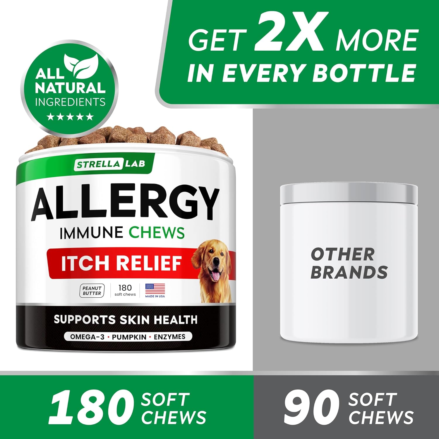 StrellaLab Omega 3 Dog Allergy Relief Chews: Real Ingredients, Real Taste - Skin & Coat Support - Made in USA