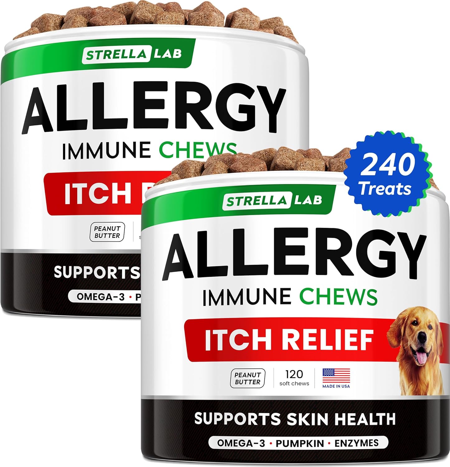 StrellaLab Omega 3 Dog Allergy Relief Chews: Skin & Coat Immune Support Supplement with Real Ingredients - Made in USA - 240 Ct
