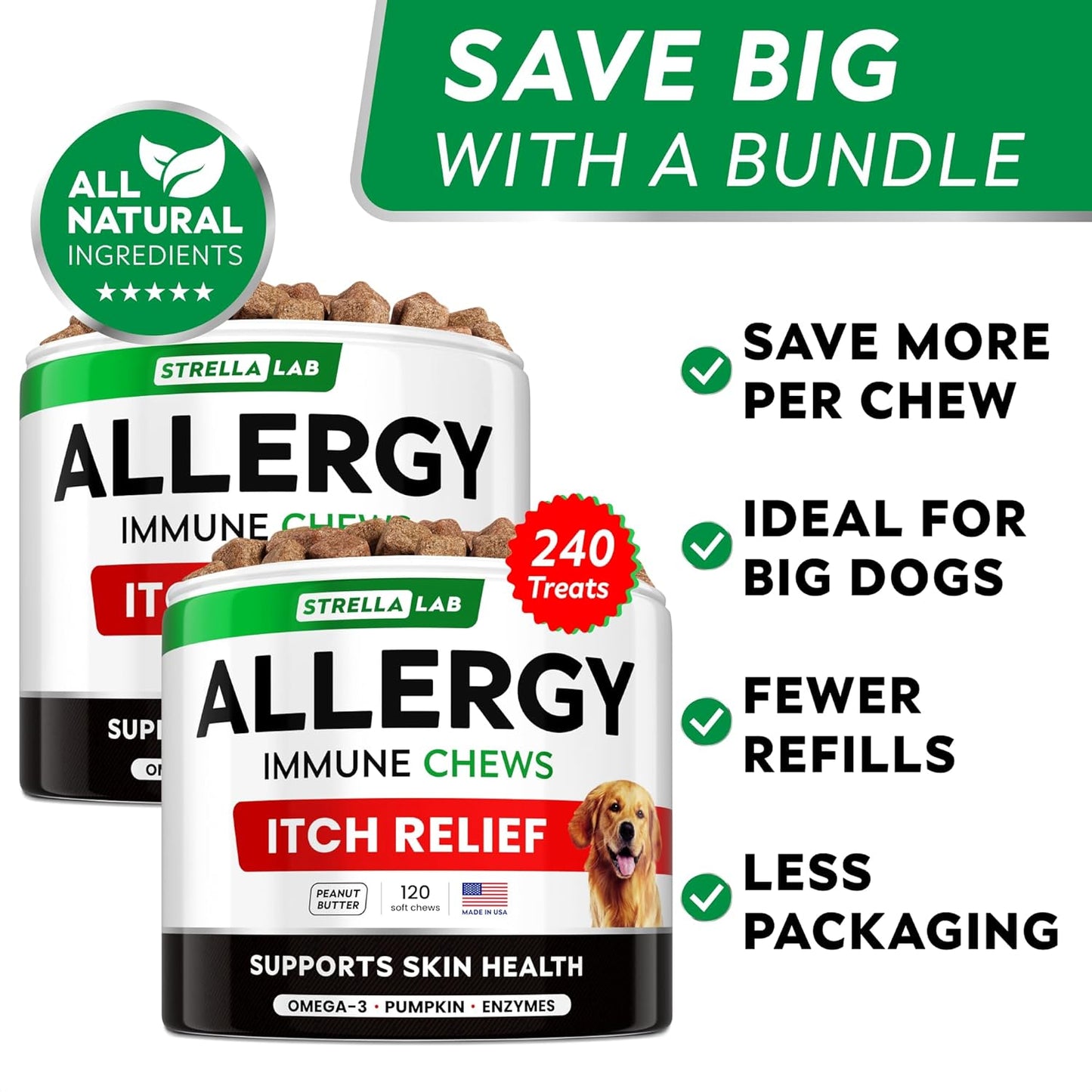 StrellaLab Omega 3 Dog Allergy Relief Chews: Skin & Coat Immune Support Supplement with Real Ingredients - Made in USA - 240 Ct