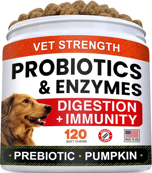 STRELLALAB Vet Strength Dog Probiotics Treats with Digestive Enzymes, Prebiotics, and Pumpkin for Allergy Relief - 100+ct Chewable Fiber with Peanut Butter Flavor