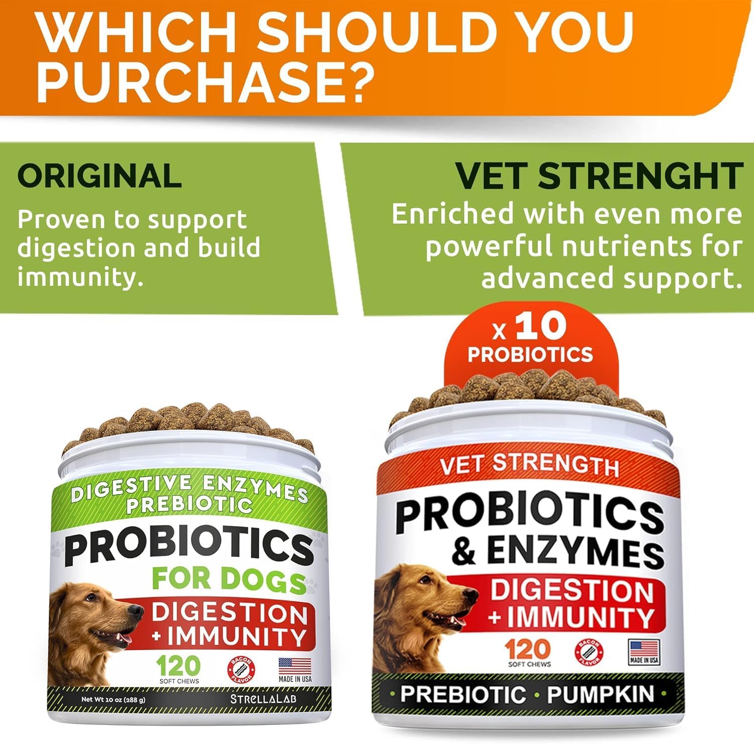 STRELLALAB Vet Strength Dog Probiotics Treats with Digestive Enzymes, Prebiotics, and Pumpkin for Allergy Relief - 100+ct Chewable Fiber with Peanut Butter Flavor