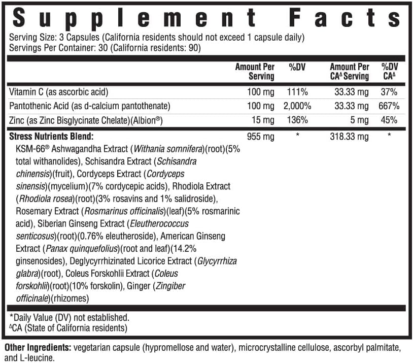 Stress Nutrients Supplement for Healthy Cortisol Regulation (90 capsules)