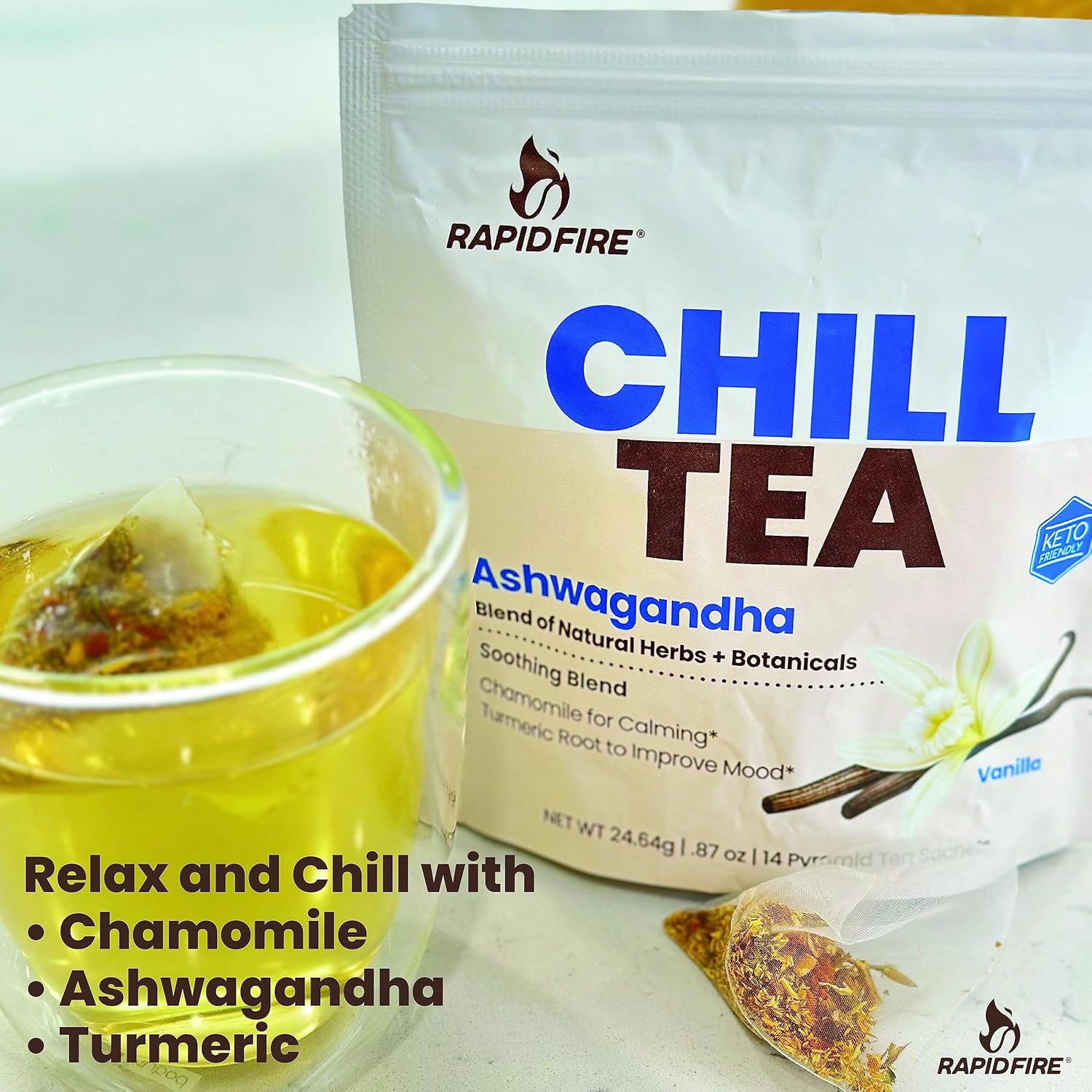 Stress Relief Tea with Ashwagandha, Chamomile, Turmeric - Caffeine Free, 14 Tea Bags