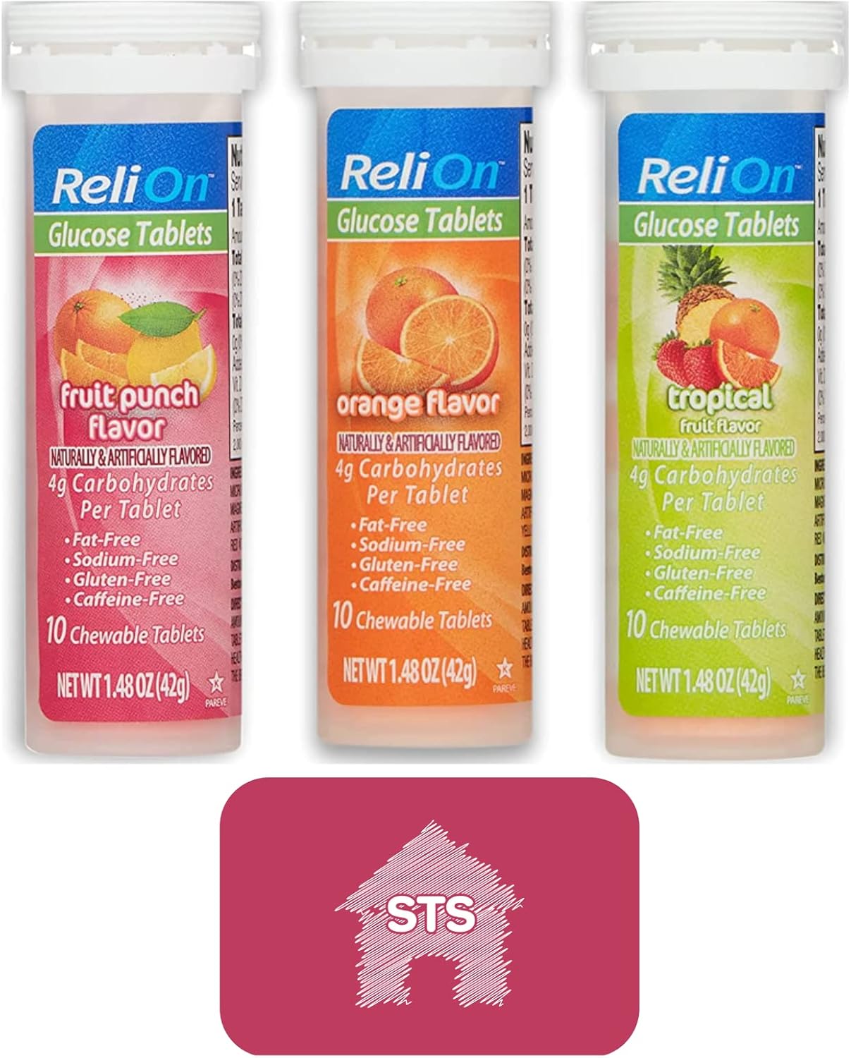 STS Home ReliOn Glucose Tablets Bundle - Orange, Tropical, Fruit Punch Flavors - 30 Tablets + STS Sticker
