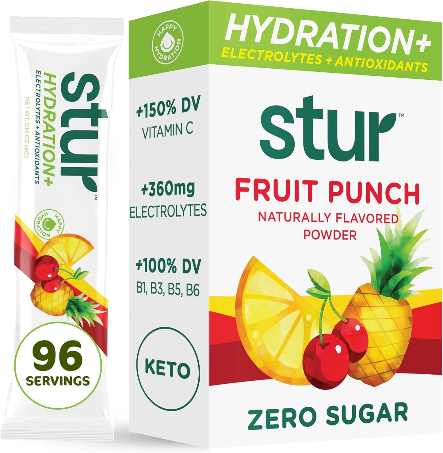 Stur Electrolytes Powder Hydration Packets - Fruit Punch Flavor for Workout Recovery - Sugar-Free with Antioxidants and B Vitamins - Keto, Vegan, Non-GMO, Paleo - 96 Packets