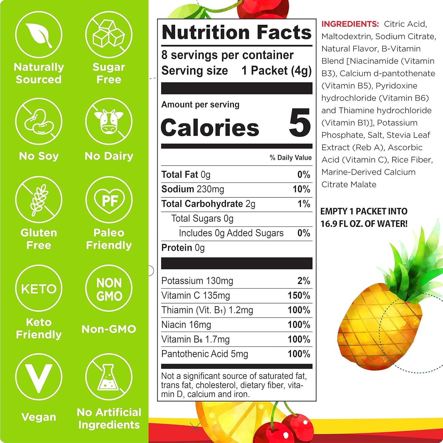 Stur Electrolytes Powder Hydration Packets - Fruit Punch Flavor for Workout Recovery - Sugar-Free with Antioxidants and B Vitamins - Keto, Vegan, Non-GMO, Paleo - 96 Packets