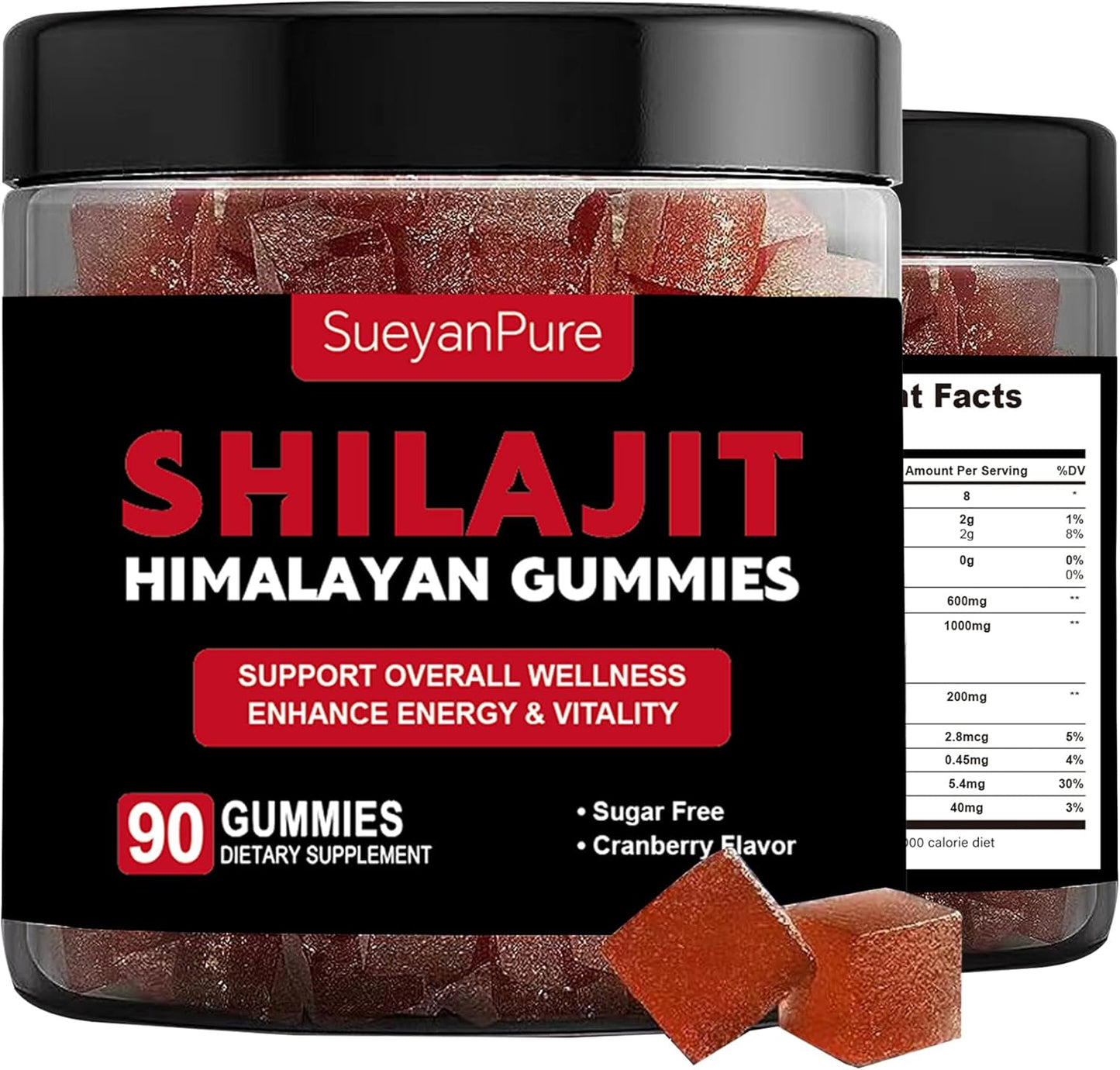 SueyanPure Himalayan Shilajit Gummies with Ashwagandha & Black Seed Oil - Cognitive & Mood Support, Immunity Boost, Energy - 90 Gummies