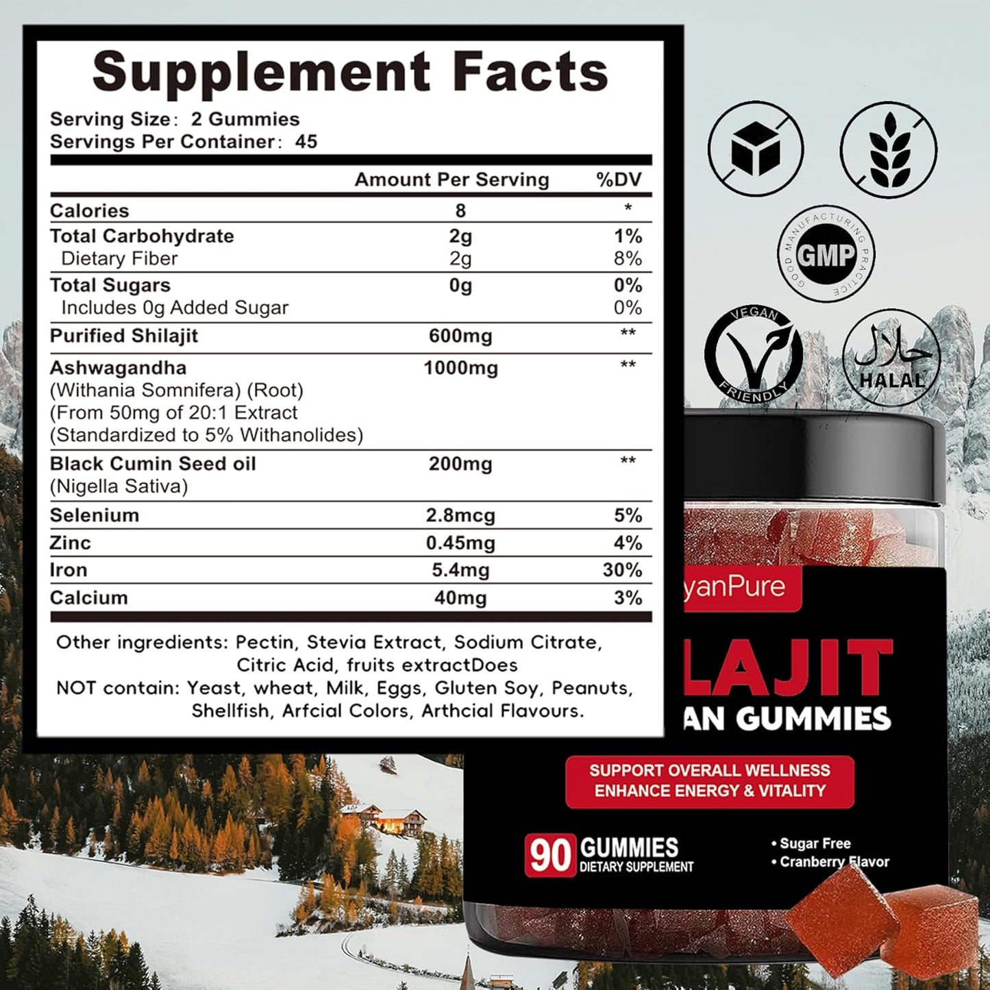 SueyanPure Himalayan Shilajit Gummies with Ashwagandha & Black Seed Oil - Cognitive & Mood Support, Immunity Boost, Energy - 90 Gummies