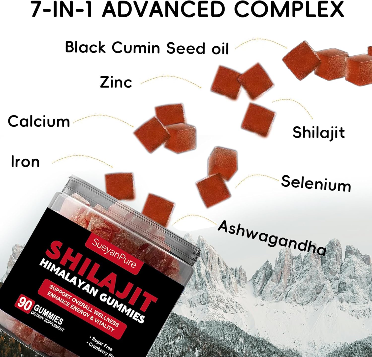 SueyanPure Himalayan Shilajit Gummies with Ashwagandha & Black Seed Oil - Cognitive & Mood Support, Immunity Boost, Energy - 90 Gummies
