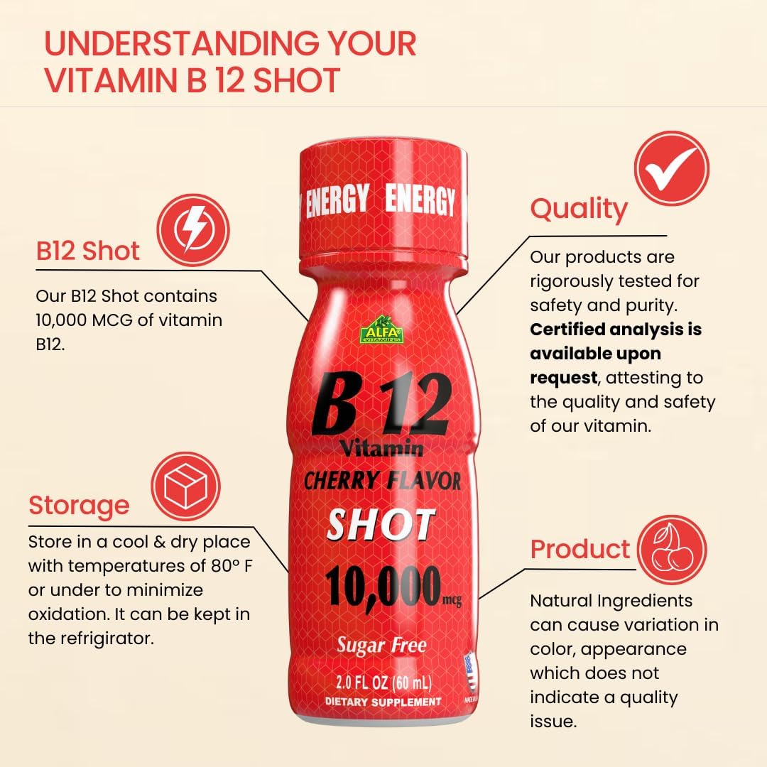 Sugar-Free ALFA VITAMINS B12 Energy Shot - 10000 MCG Highest Potency - Caffeine-Free - 20 Pack of 2.0 FL OZ Bottles