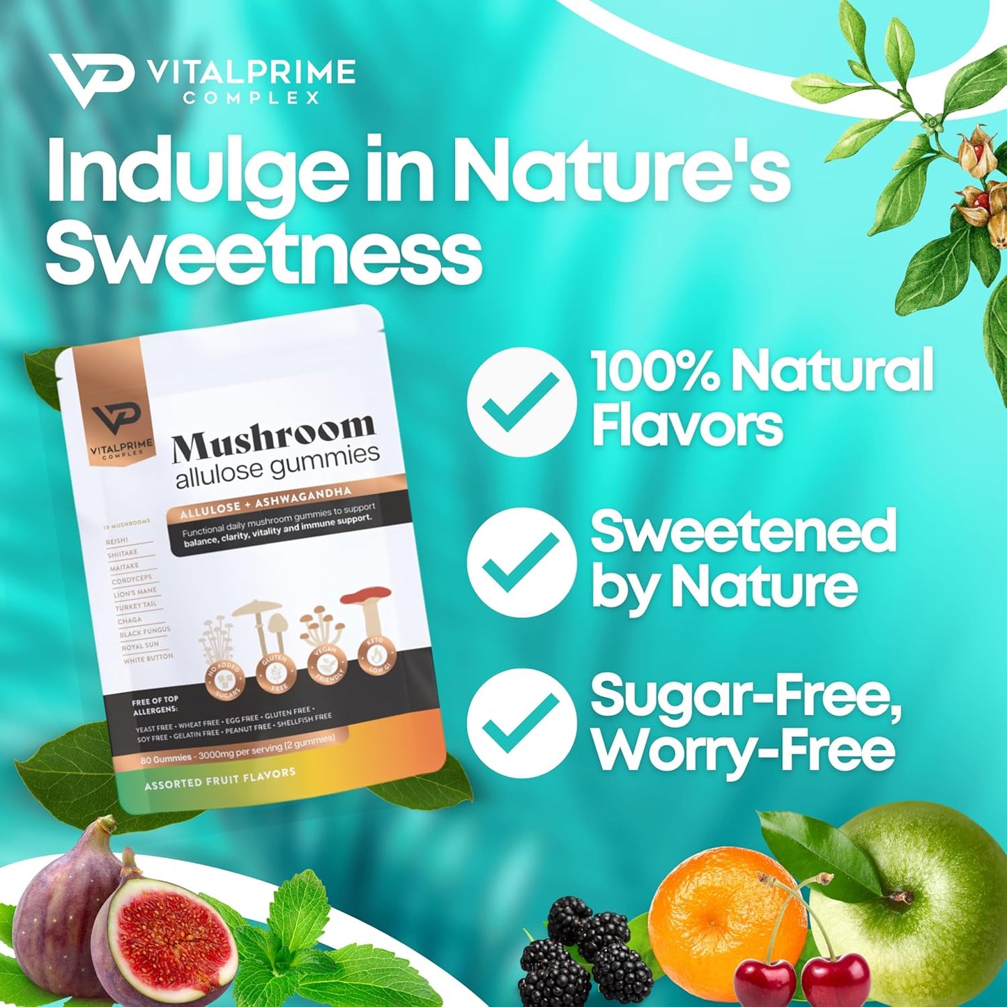 Sugar-Free Ashwagandha & Mushroom Gummies | Immune Support & Energy Boost | Vegan & Keto | 80 Natural Flavored Gummies