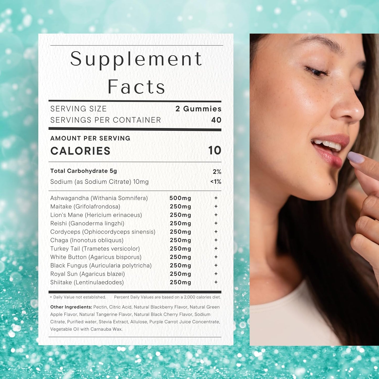 Sugar-Free Ashwagandha & Mushroom Gummies | Immune Support & Energy Boost | Vegan & Keto | 80 Natural Flavored Gummies