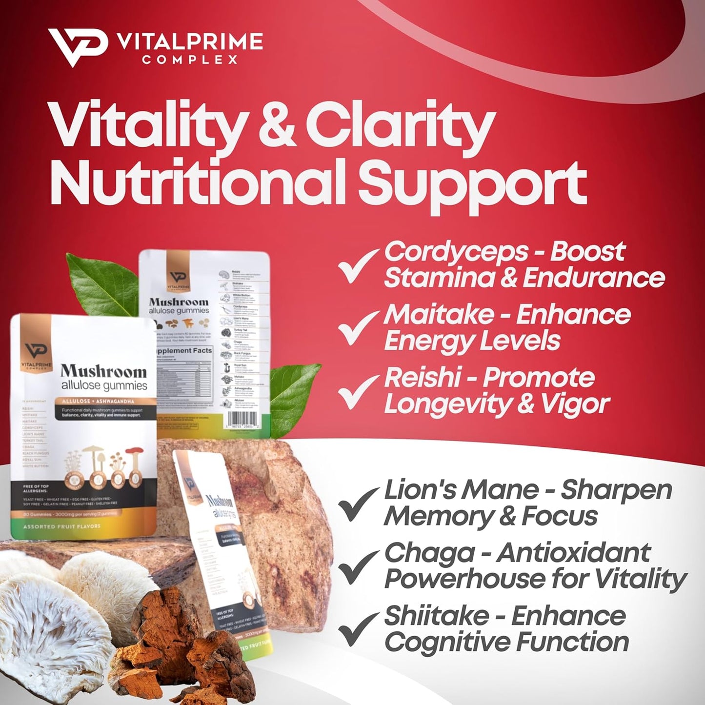 Sugar-Free Ashwagandha & Mushroom Gummies | Immune Support & Energy Boost | Vegan & Keto | 80 Natural Flavored Gummies