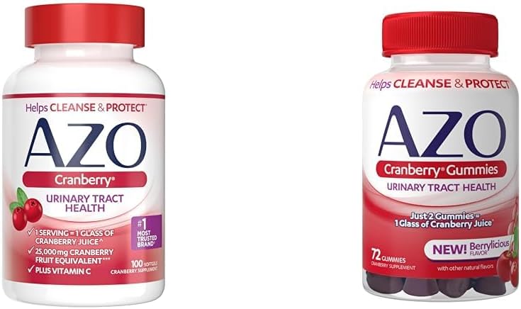Sugar Free AZO Cranberry Urinary Tract Health Supplement Softgels & Gummies - 100 Softgels & 72 Gummies, Non-GMO, Equivalent to 1 Glass Cranberry Juice per Softgel/Gummy