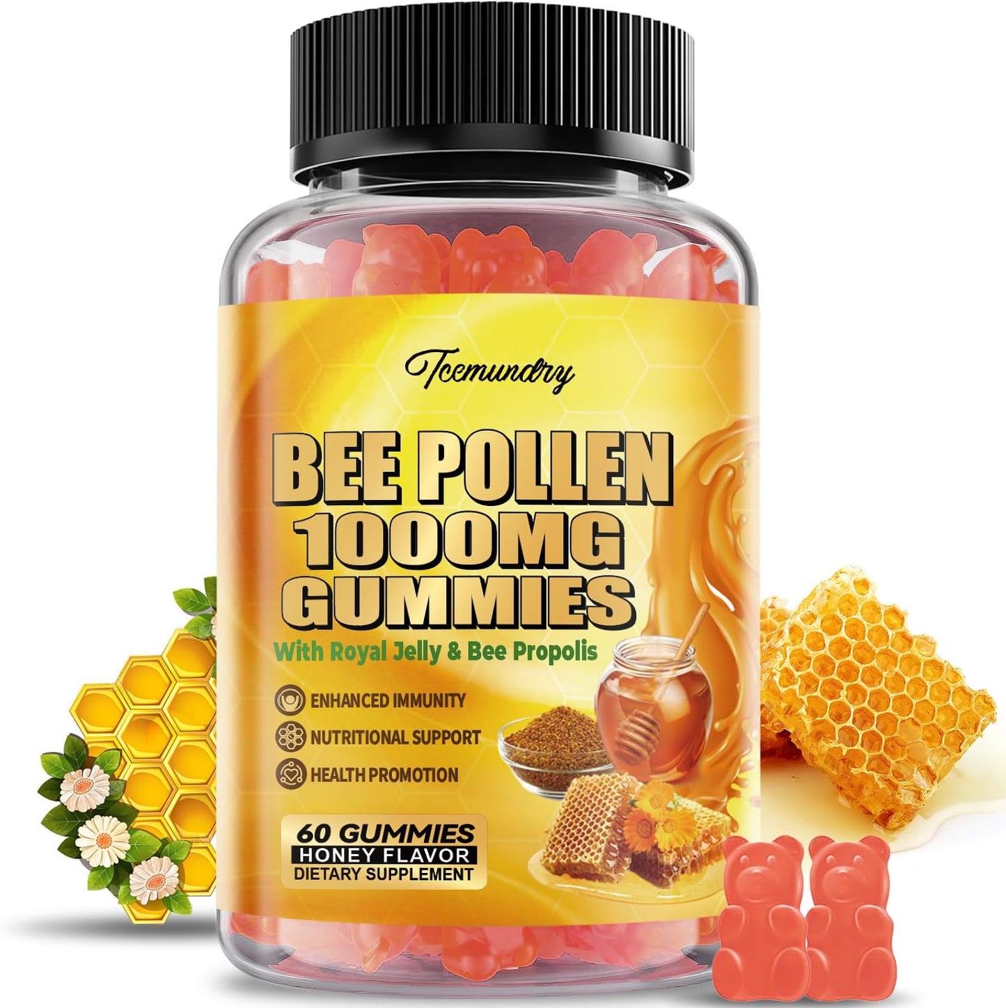 Sugar-Free Bee Pollen Gummies with Royal Jelly & Propolis, 1000MG, Rich in Vitamin C & E, Vegetarian, Non-GMO, Gluten-Free, Immunity & Skin Health Support